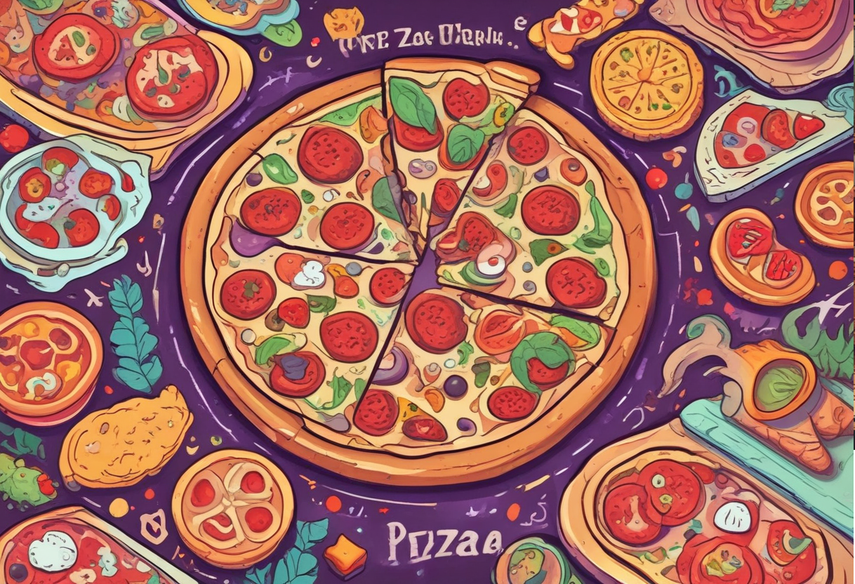 Interface du jeu Fractions Pizzeria avec des pizzas colorées et des parts